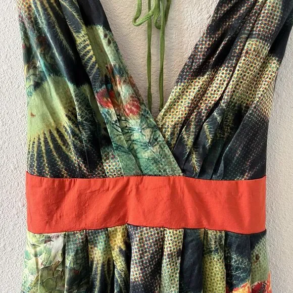 Eva Franco Anthropologie Dress Size 4 Succulents Green Orange Tie Back Western - Picture 3 of 16